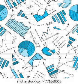 Seamless pattern with business icons, blue, black and white backdrop. Collection of graphs and diagrams. Visual representation of information, statistics. Hand drawn overlapping background