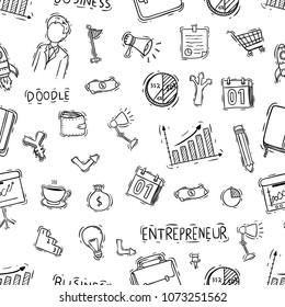 seamless pattern of business icons with doodle style on white background