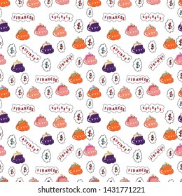 Seamless pattern Business icons set. Vector illustration. Icons for business, management, finance, strategy, marketing. Flat elements on pink, white and orange background.