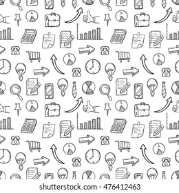 seamless pattern of business icons using doodle art on white background