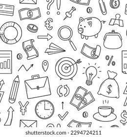Motif harmonieux de doodle d'idées Business. Diagrammes, argent, billets en dollars, pièces de monnaie, sac de monnaie en style croquis. Illustration vectorielle dessinée à la main