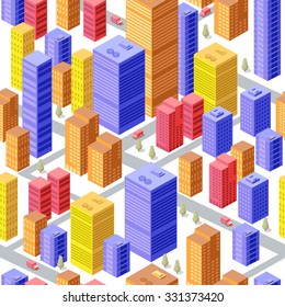 Seamless pattern. Business isometric city with many different houses, offices, skyscrapers, supermarkets and streets with traffic.