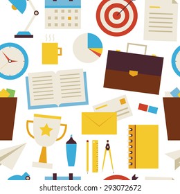 Seamless Pattern Business and Office Objects over White. Flat Style Vector Seamless Texture Background. Collection of Education Templates. Success and leadership. Office Life
