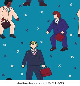 Seamless pattern of business people. Funny office workers walking outdoor