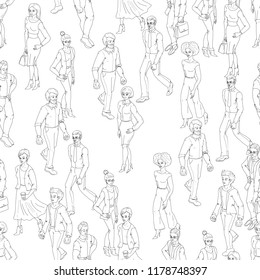 Seamless pattern with business people walking. Sketch black and white outline style illustration with men and woman. Casual street fashion vector.