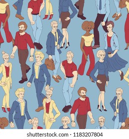 Seamless pattern with business people walking. Cartoon style illustration with men and woman. Casual street fashion vector.