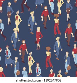 Seamless pattern with business people walking. Cartoon style illustration with men and woman. Casual street fashion vector.