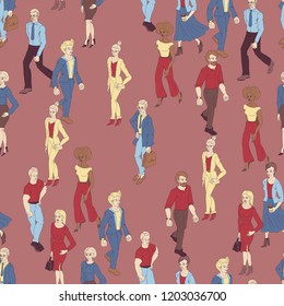 Seamless pattern with business people walking. Cartoon style illustration with men and woman. Casual street fashion vector.