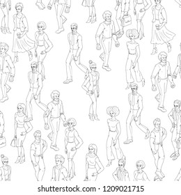 Seamless pattern with business people walking. Sketch black and white outline style illustration with men and woman. Casual street fashion vector.