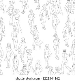 Seamless pattern with business people walking. Sketch black and white outline style illustration with men and woman. Casual street fashion vector.