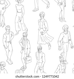 Seamless pattern with business people walking. Sketch black and white outline style illustration with men and woman. Casual street fashion vector.