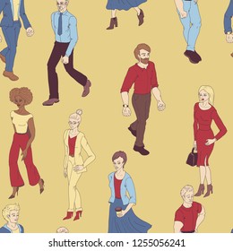Seamless pattern with business people walking. Cartoon style illustration with men and woman. Casual street fashion vector.