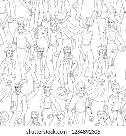 Seamless pattern with business people walking. Sketch black and white outline style illustration with men and woman. Casual street fashion vector.