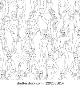 Seamless pattern with business people walking. Sketch black and white outline style illustration with men and woman. Casual street fashion vector.