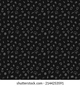 nahtloses Muster mit den Icons für Business-Sets. Doodle-Vektorgrafik mit Unternehmenssymbole auf schwarzem Hintergrund. Vintage-Unternehmenssymbole, Hintergrund für süße Elemente für Ihr Projekt