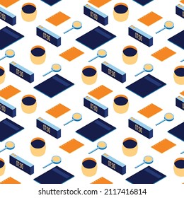 Seamless pattern. Business and Technology. The workplace and the computer. Seamless abstract pattern. Supplies for study and work.Books,laptop,computer,notebooks for work and study