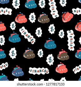 Seamless pattern business pattern. Vector. Blue, black and white woman purse handbag on blue, black and white background.