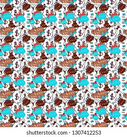 Seamless pattern business pattern. Vector. Search Engine Optimization vector Outline Icons. SEO Elements on white and blue colors.