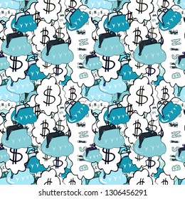 Seamless pattern business pattern. Vector. White and blue woman purse handbag on white and blue background.