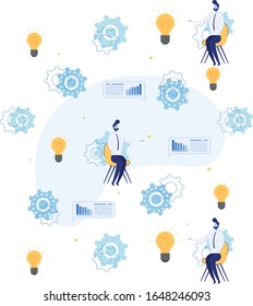 Seamless Pattern with Businessman among Electric Bulbs, Profit Charts and Gear Wheels. Endless Texture for Branding and Company Stationery Promotion Materials. Flat Cartoon Vector Illustration.