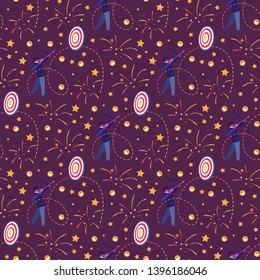 Seamless Pattern with Businessman Shooting to Target with Bow on Purple Background with Stars and Fireworks. Business Success, Leadership, Goal Achievement Ornament Cartoon Flat Vector Illustration