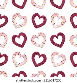 seamless pattern with butter cookies in the form of hearts. Ready print with sweets and desserts in glaze.