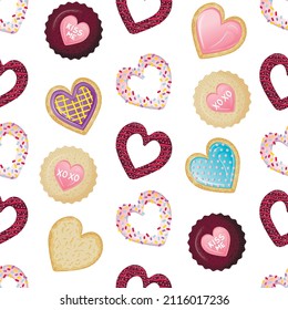 seamless pattern with butter cookies in the form of hearts. Ready print with sweets and desserts in glaze.