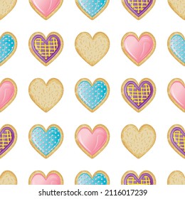 seamless pattern with butter cookies in the form of hearts. Ready print with sweets and desserts in glaze.