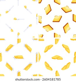 Seamless pattern with butter curls, toast, knife and butter dish on white background