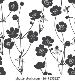 Patrón transparente con mariposas. Siluetas negras sobre blanco. Fondo vectorial floral.