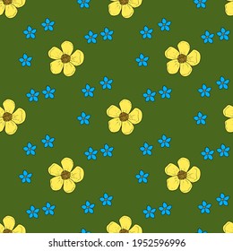 Seamless pattern with buttercups and forget-me-not flowers on green background. Vector image. 