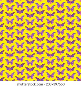 Seamless pattern butterflies amber sunshine yellow purple lavender lilac mauve violet. sketch freehand drawing doodle lines Scandinavian style. Nursery decor trend Gift wrap fabric wallpapers. Vector