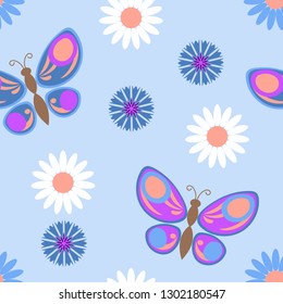 Seamless pattern with butterflies among daisies and cornflowers. Colorful artistic background. Can be used for tile, wallpaper, textiles, wrapping, card, cover. Vector illustration, eps10