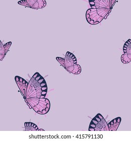 Seamless pattern with butterflies and backdrops. Hand drawn vector illustration.
