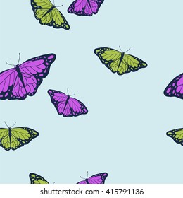 Seamless pattern with butterflies and backdrops. Hand drawn vector illustration.