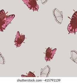 Seamless pattern with butterflies and backdrops. Hand drawn vector illustration.