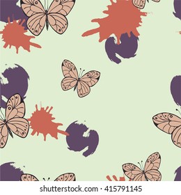 Seamless pattern with butterflies and backdrops. Hand drawn vector illustration.
