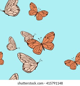 Seamless pattern with butterflies and backdrops. Hand drawn vector illustration.