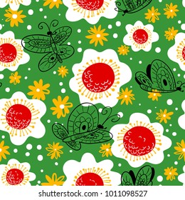 Seamless pattern with butterflies. Background with flying beautiful butterfy and flowers. Vector illustration for spring or summer backdrops, fabric and wrapping