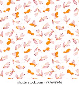 Seamless pattern with butterflies. Background with flying beautiful butterfy and tulip flowers. Vector illustration for spring or summer backdrops, fabric and wrapping