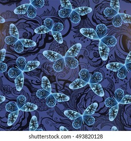 Seamless pattern with butterflies background. Vector  blue illustration.