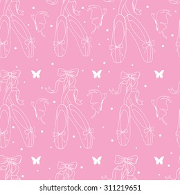 seamless pattern with with butterflies and ballet flats on a pink background