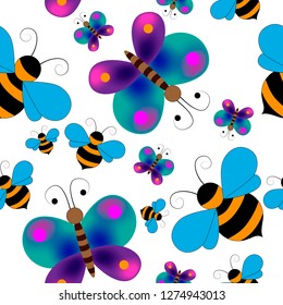 seamless pattern with butterflies and bees