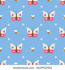 Seamless pattern with butterflies and bees on a blue background
