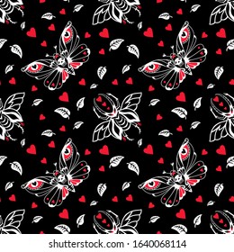 Seamless pattern. Butterflies and beetles among hearts and leaves. Dead head hawkmoth and Stag beetle. Night moth with skull. Illustration for Halloween. Also great for Valentine's Day.