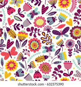 Seamless pattern with butterflies, beetles and flowers. Freehand drawing