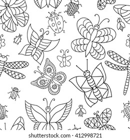 Seamless pattern of butterflies and beetles. Vector drawing in black and white. Page in color.