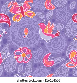 Seamless pattern with butterflies, bird and flowers