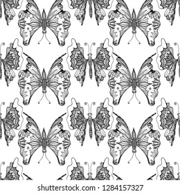 Seamless pattern with butterflies. Black and white. Endless texture for your design, announcements, postcards, posters.
