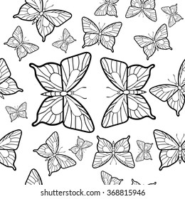 Seamless pattern of butterflies in black and white.